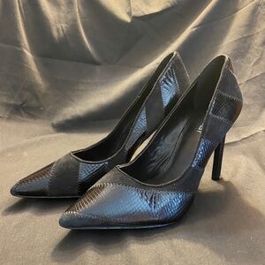 NINE WEST Black Snake Print Patchwork Leather 4.5 inch Heels Pumps Size 10.5M